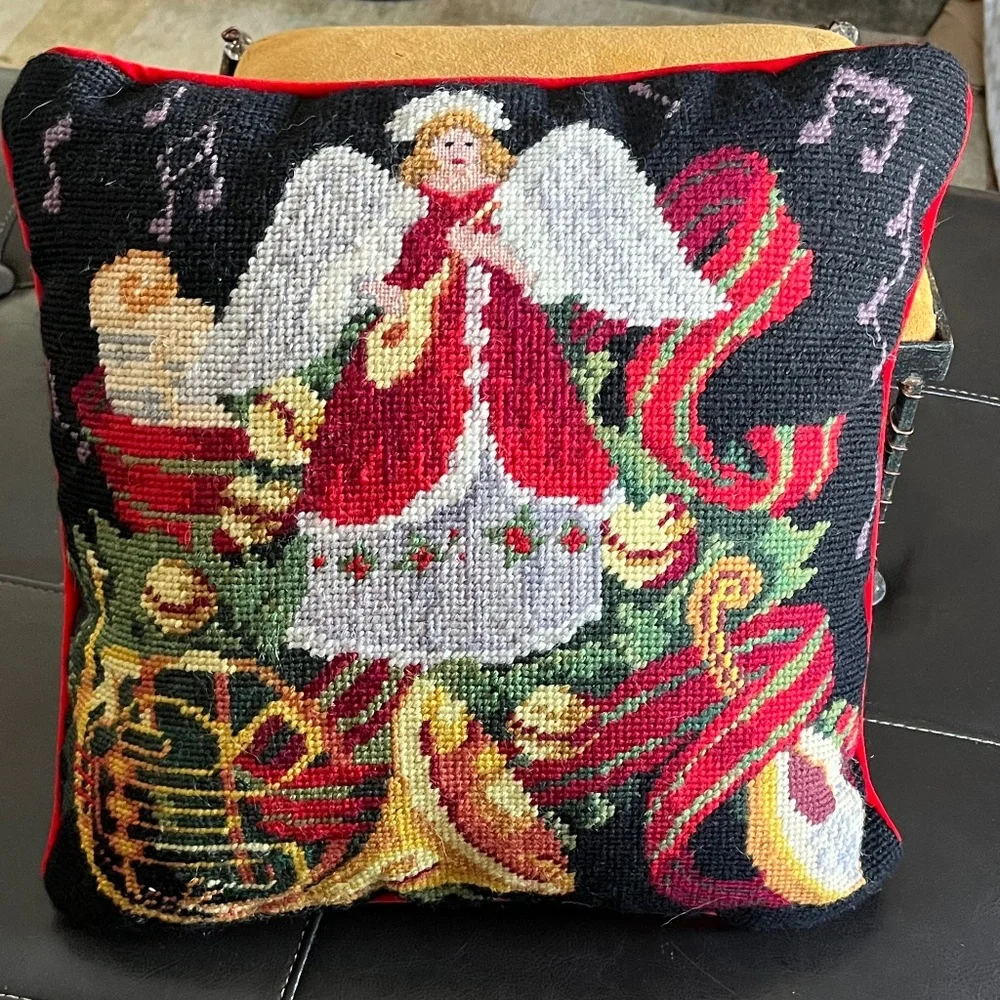 Christmas Angel Musical Instrument Pillow WOOL NEEDLEPOINT, RED velvet 14 x 14
